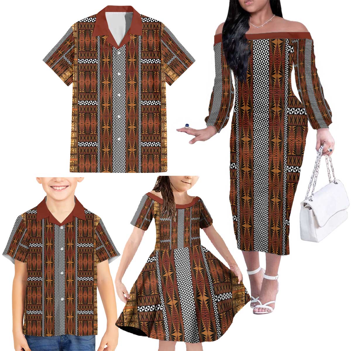 Malo e Lelei Tonga Family Matching Off The Shoulder Long Sleeve Dress and Hawaiian Shirt Tongan Ngatu Tapa Cloth LT14 - Polynesian Pride