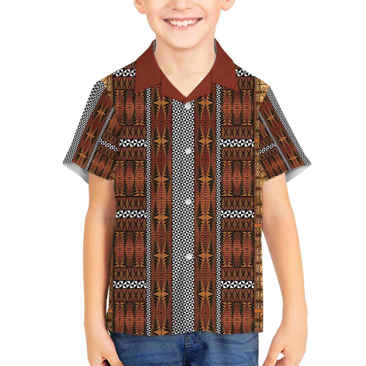 Malo e Lelei Tonga Family Matching Off The Shoulder Long Sleeve Dress and Hawaiian Shirt Tongan Ngatu Tapa Cloth LT14 Son's Shirt Orange - Polynesian Pride