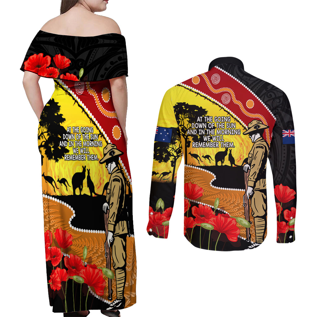 New Zealand And Australia ANZAC Day Couples Matching Off Shoulder Maxi Dress and Long Sleeve Button Shirt Aboriginal Maori Starring Night Style LT14 - Polynesian Pride