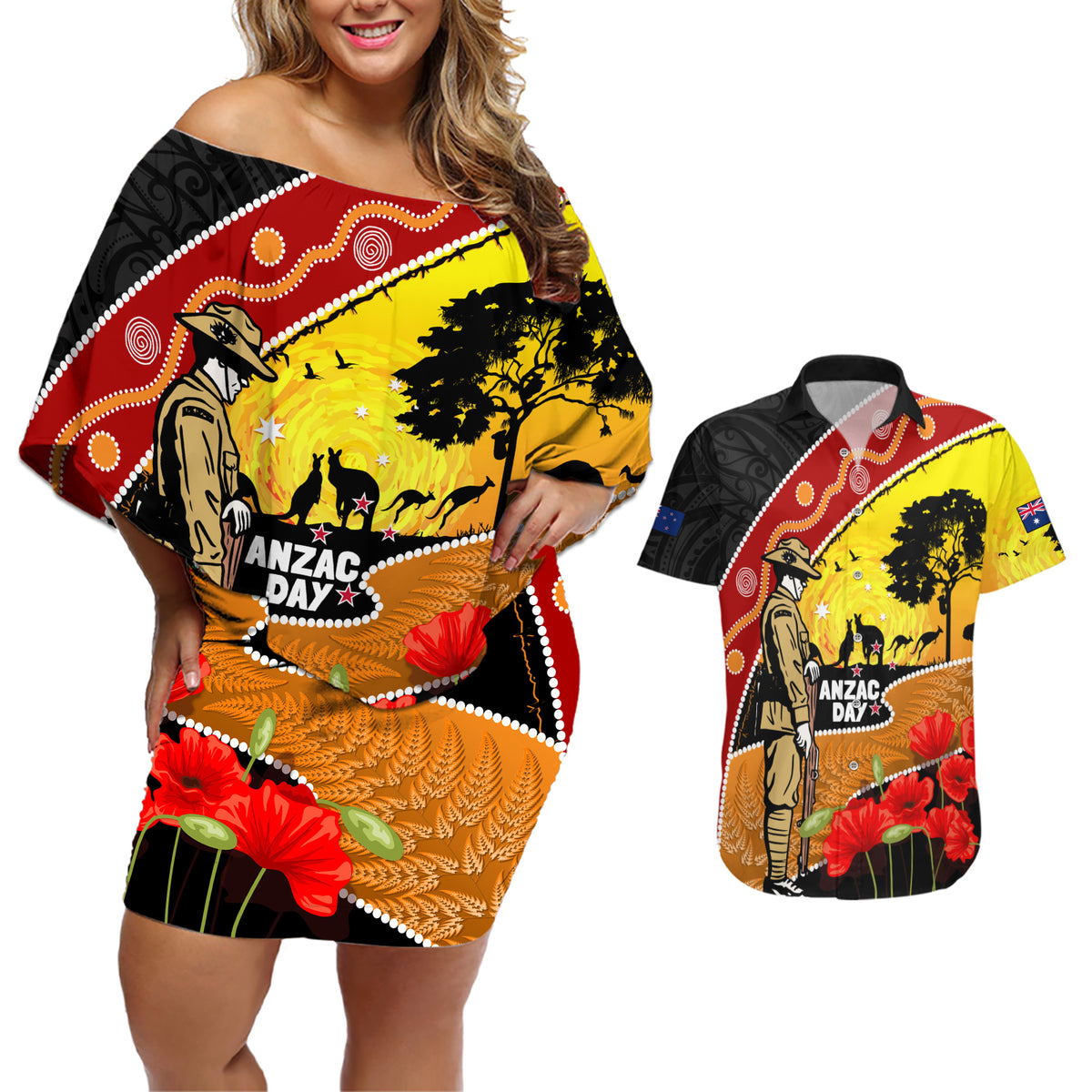 New Zealand And Australia ANZAC Day Couples Matching Off Shoulder Short Dress and Hawaiian Shirt Aboriginal Maori Starring Night Style LT14 Gold - Polynesian Pride
