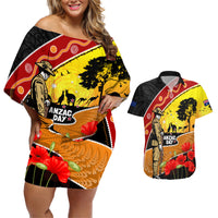 New Zealand And Australia ANZAC Day Couples Matching Off Shoulder Short Dress and Hawaiian Shirt Aboriginal Maori Starring Night Style LT14 Gold - Polynesian Pride