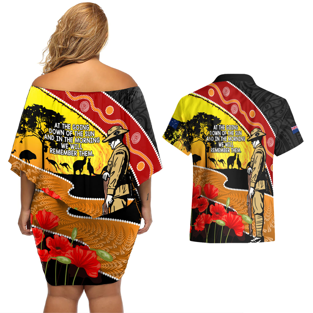 New Zealand And Australia ANZAC Day Couples Matching Off Shoulder Short Dress and Hawaiian Shirt Aboriginal Maori Starring Night Style LT14 - Polynesian Pride