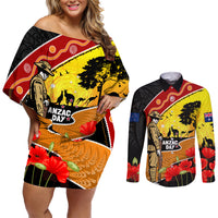 New Zealand And Australia ANZAC Day Couples Matching Off Shoulder Short Dress and Long Sleeve Button Shirt Aboriginal Maori Starring Night Style LT14 Gold - Polynesian Pride