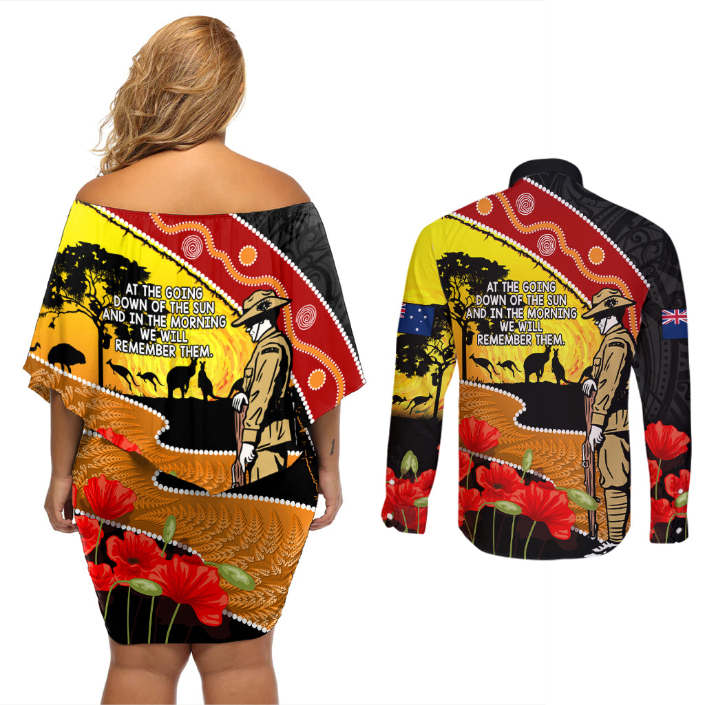 New Zealand And Australia ANZAC Day Couples Matching Off Shoulder Short Dress and Long Sleeve Button Shirt Aboriginal Maori Starring Night Style LT14 - Polynesian Pride