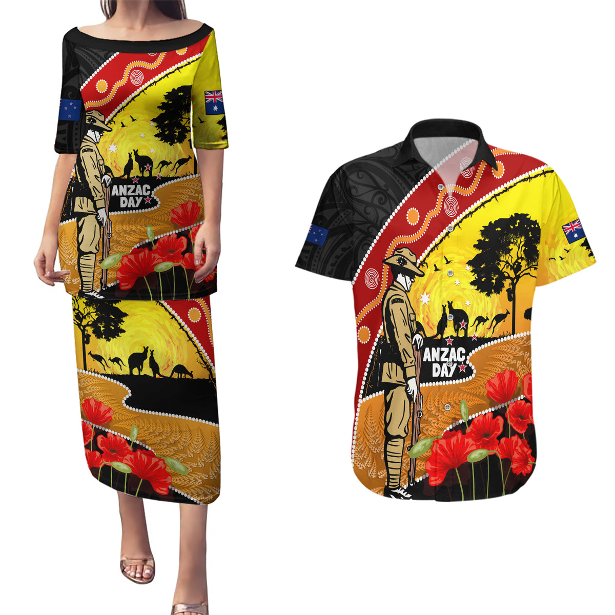 New Zealand And Australia ANZAC Day Couples Matching Puletasi and Hawaiian Shirt Aboriginal Maori Starring Night Style LT14 Gold - Polynesian Pride