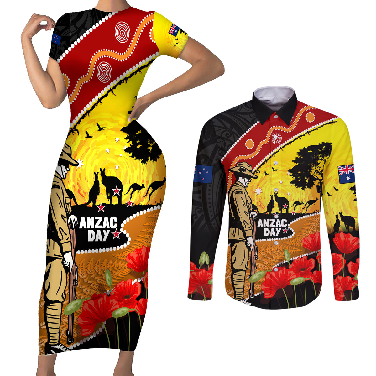 New Zealand And Australia ANZAC Day Couples Matching Short Sleeve Bodycon Dress and Long Sleeve Button Shirt Aboriginal Maori Starring Night Style LT14 Gold - Polynesian Pride