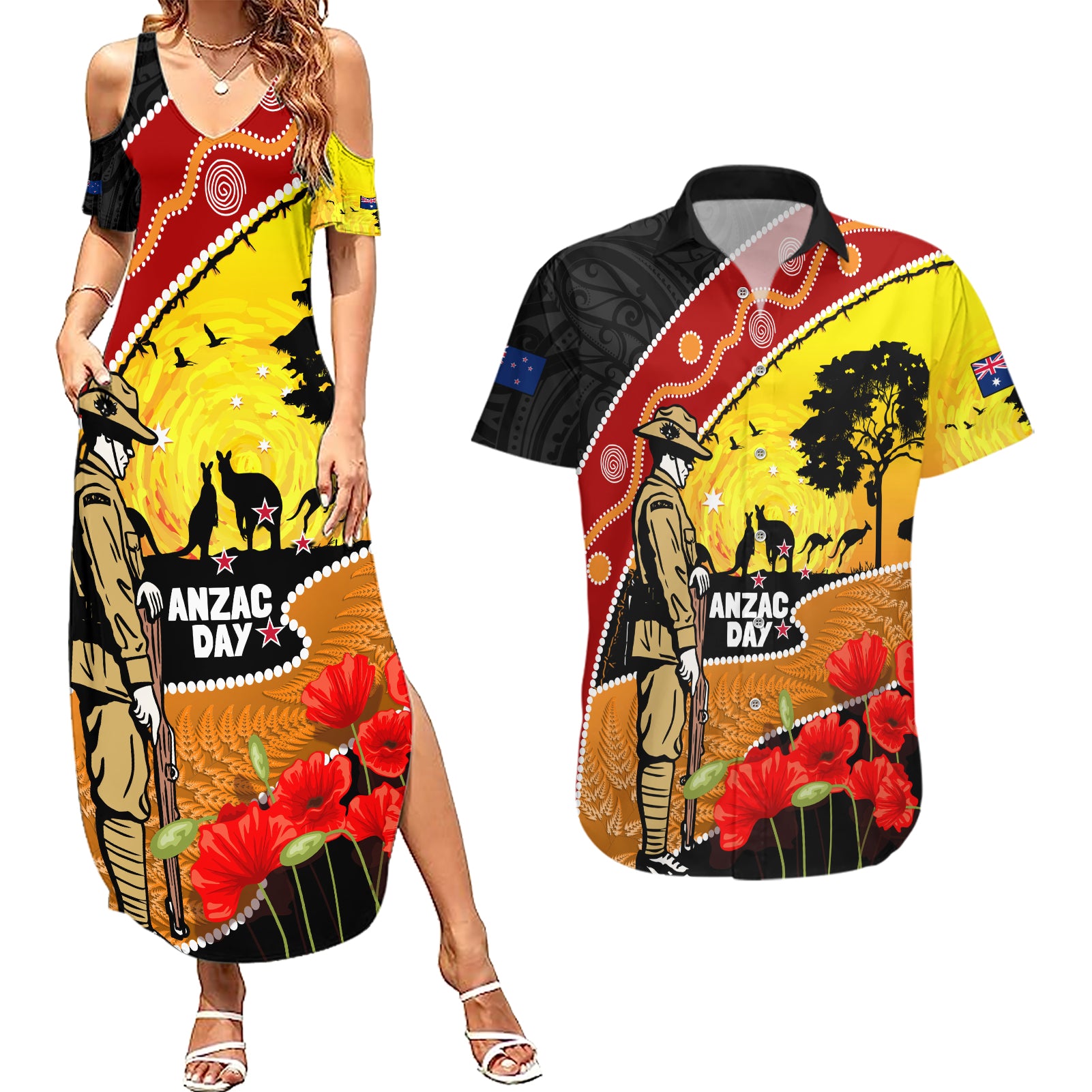 New Zealand And Australia ANZAC Day Couples Matching Summer Maxi Dress and Hawaiian Shirt Aboriginal Maori Starring Night Style LT14 Gold - Polynesian Pride