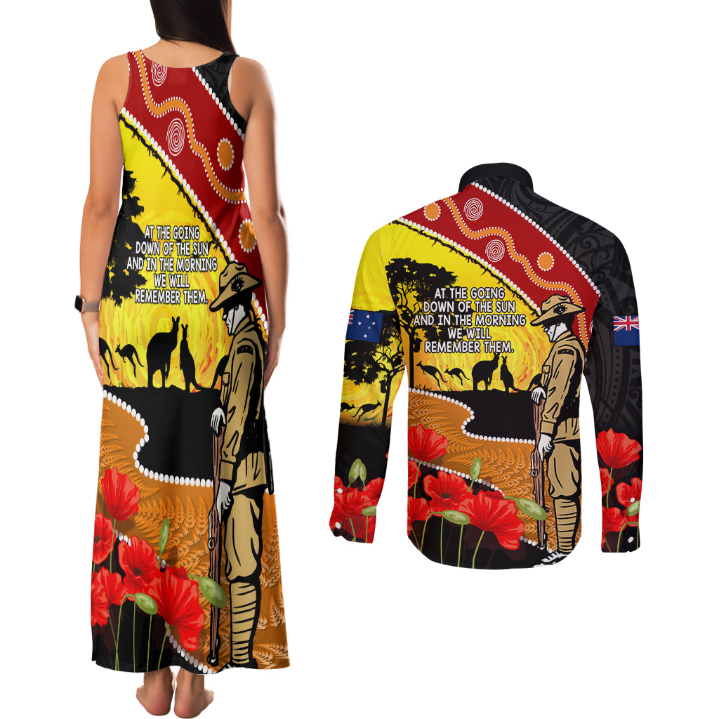 New Zealand And Australia ANZAC Day Couples Matching Tank Maxi Dress and Long Sleeve Button Shirt Aboriginal Maori Starring Night Style LT14 - Polynesian Pride
