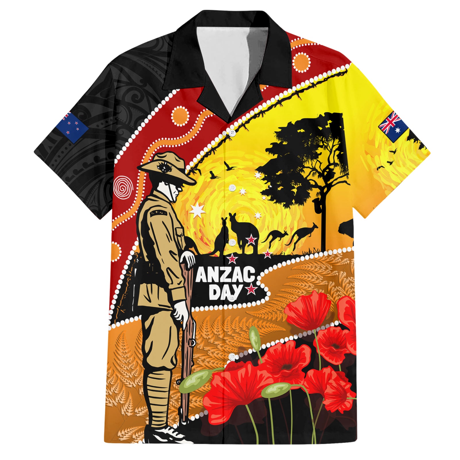 New Zealand And Australia ANZAC Day Hawaiian Shirt Aboriginal Maori Starring Night Style LT14 Gold - Polynesian Pride