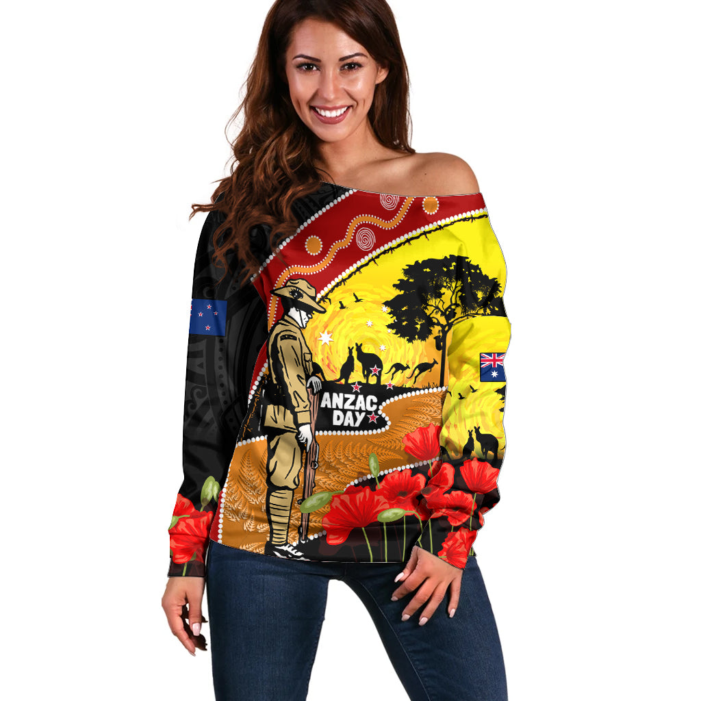New Zealand And Australia ANZAC Day Off Shoulder Sweater Aboriginal Maori Starring Night Style LT14 Women Gold - Polynesian Pride