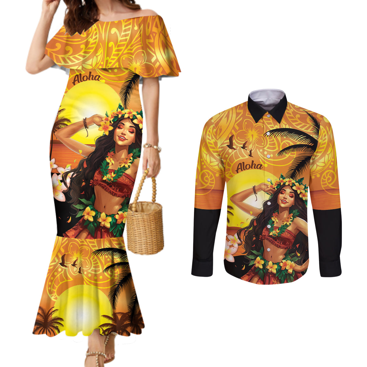 Aloha Hawaii Women's Day Couples Matching Mermaid Dress and Long Sleeve Button Shirt Hula Girl With Sunset Vibes LT14 Yellow - Polynesian Pride