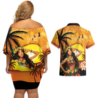 Aloha Hawaii Women's Day Couples Matching Off Shoulder Short Dress and Hawaiian Shirt Hula Girl With Sunset Vibes LT14 - Polynesian Pride