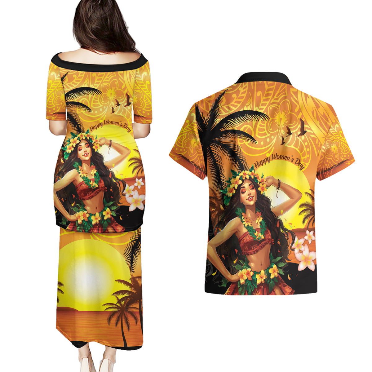 Aloha Hawaii Women's Day Couples Matching Puletasi and Hawaiian Shirt Hula Girl With Sunset Vibes LT14 - Polynesian Pride