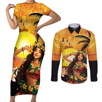 Aloha Hawaii Women's Day Couples Matching Short Sleeve Bodycon Dress and Long Sleeve Button Shirt Hula Girl With Sunset Vibes LT14 Yellow - Polynesian Pride