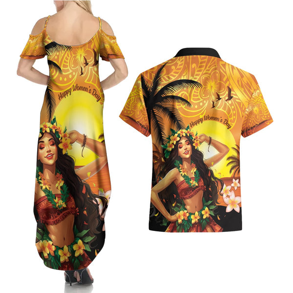 Hawaii Summer Couples Matching Outfits Combo Long Sleeve Dress Mix Polynesian Dark Blue LT6 main image 1