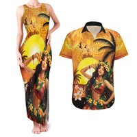 Aloha Hawaii Women's Day Couples Matching Tank Maxi Dress and Hawaiian Shirt Hula Girl With Sunset Vibes LT14 Yellow - Polynesian Pride