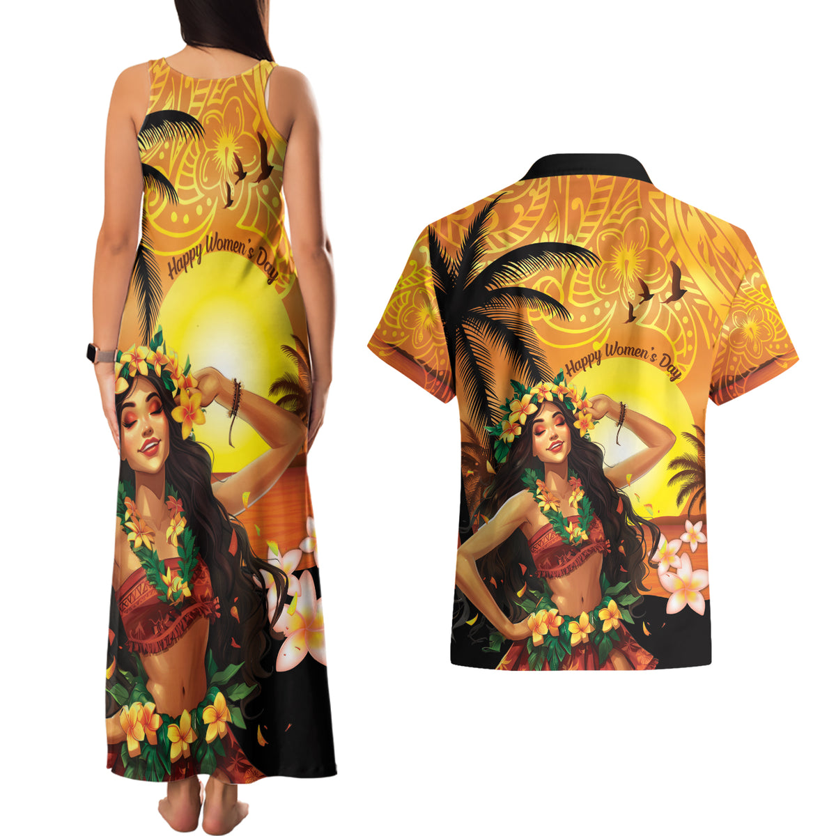 Aloha Hawaii Women's Day Couples Matching Tank Maxi Dress and Hawaiian Shirt Hula Girl With Sunset Vibes LT14 - Polynesian Pride