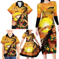 Aloha Hawaii Women's Day Family Matching Long Sleeve Bodycon Dress and Hawaiian Shirt Hula Girl With Sunset Vibes LT14 - Polynesian Pride