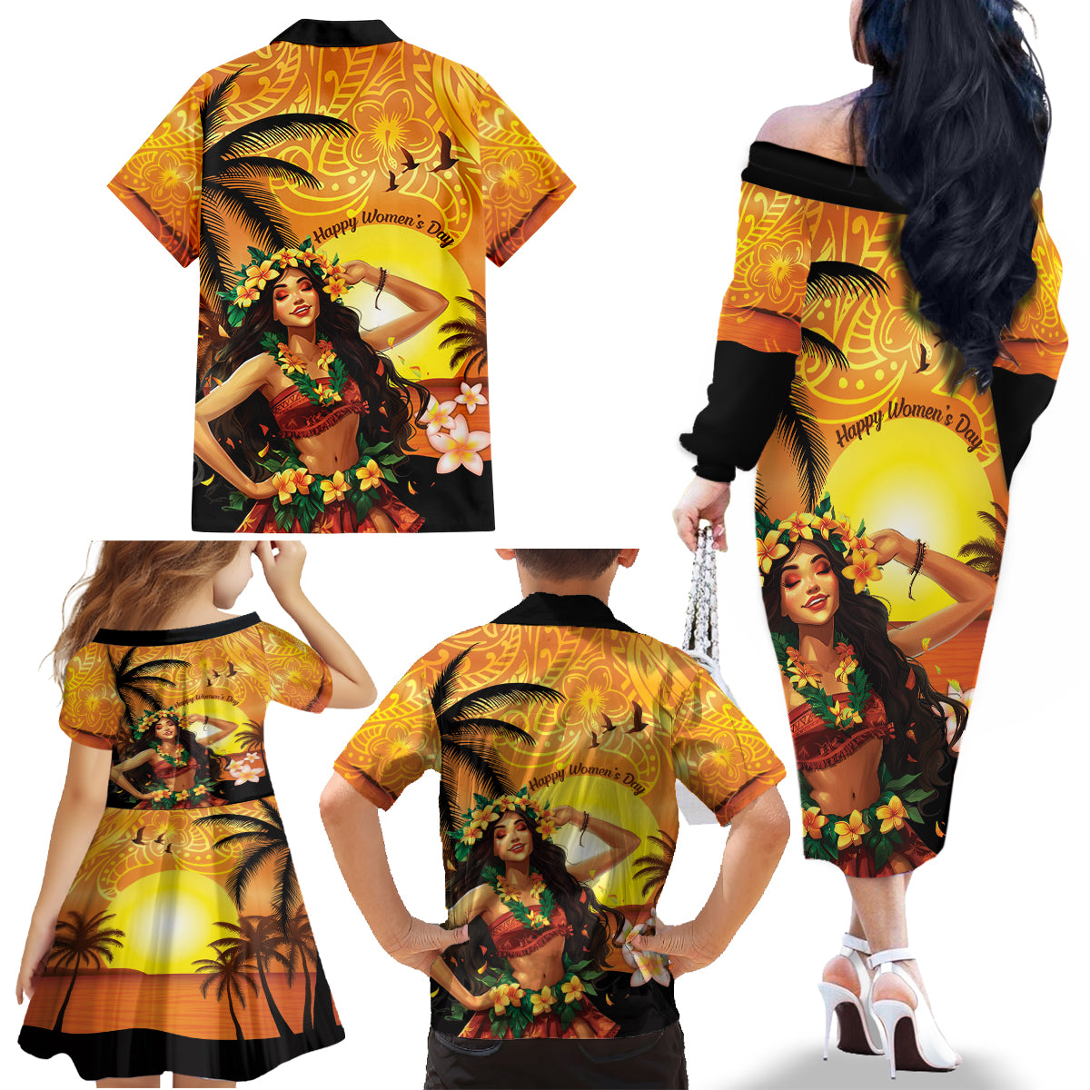 Aloha Hawaii Women's Day Family Matching Off Shoulder Long Sleeve Dress and Hawaiian Shirt Hula Girl With Sunset Vibes LT14 - Polynesian Pride