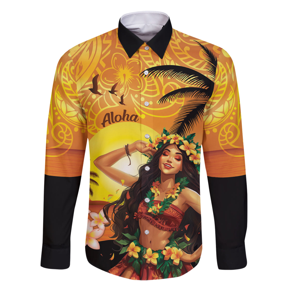 Aloha Hawaii Women's Day Family Matching Summer Maxi Dress and Hawaiian Shirt Hula Girl With Sunset Vibes LT14 Dad's Shirt - Long Sleeve Yellow - Polynesian Pride