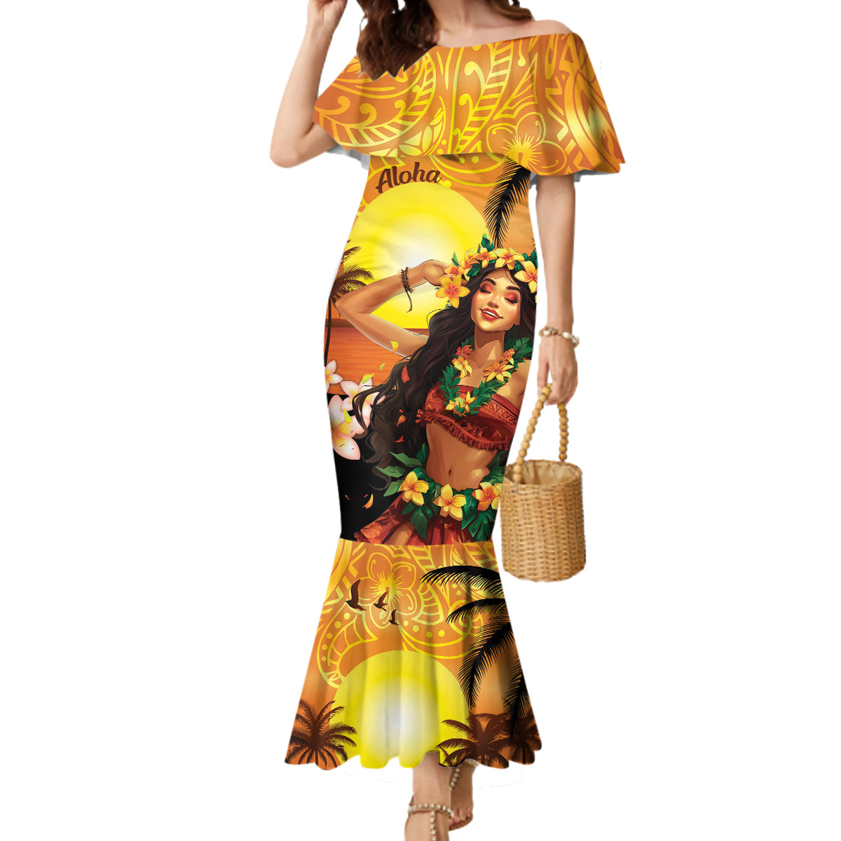 Aloha Hawaii Women's Day Mermaid Dress Hula Girl With Sunset Vibes LT14 Women Yellow - Polynesian Pride