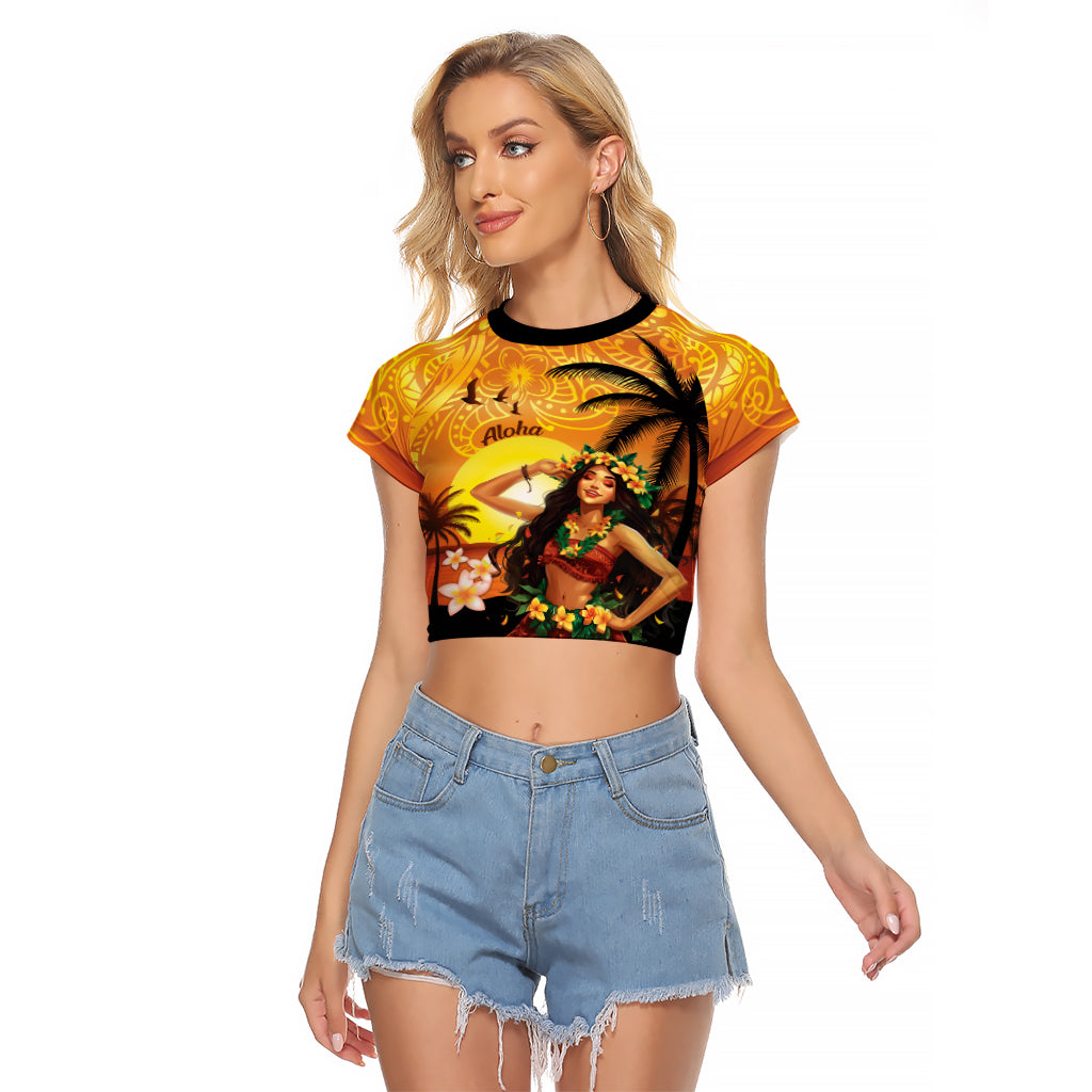 Aloha Hawaii Women's Day Raglan Cropped T Shirt Hula Girl With Sunset Vibes LT14 Female Yellow - Polynesian Pride