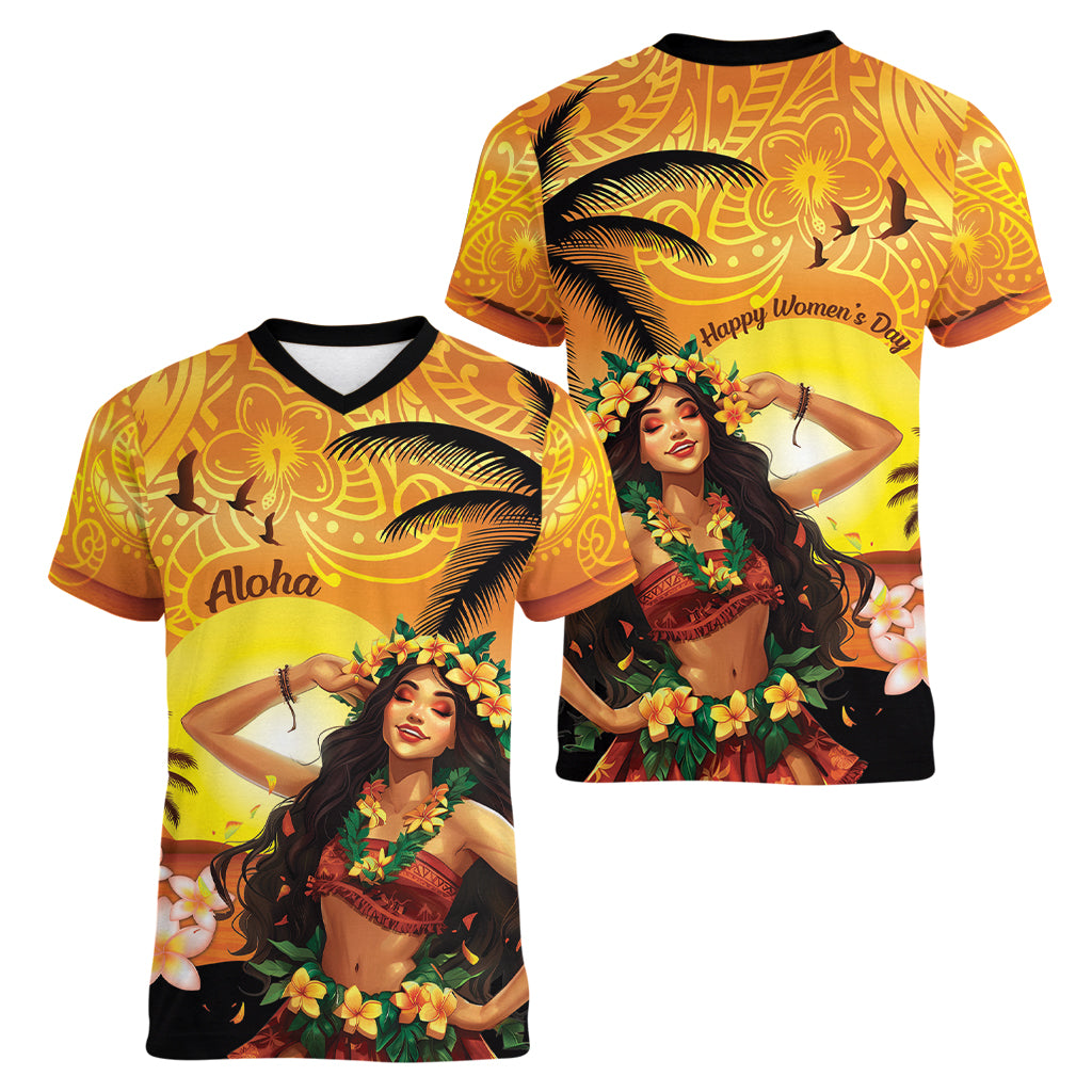 Aloha Hawaii Women's Day Women V Neck T Shirt Hula Girl With Sunset Vibes LT14 - Polynesian Pride