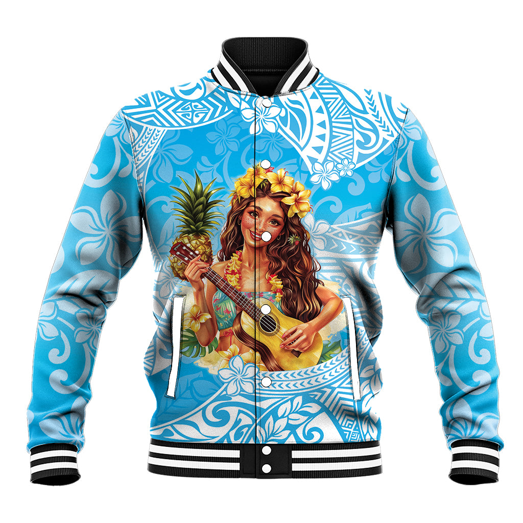 Aloha Hawaii Women's Day Baseball Jacket Hula Girl With Ukulele Tropical Style LT14 Unisex Blue - Polynesian Pride