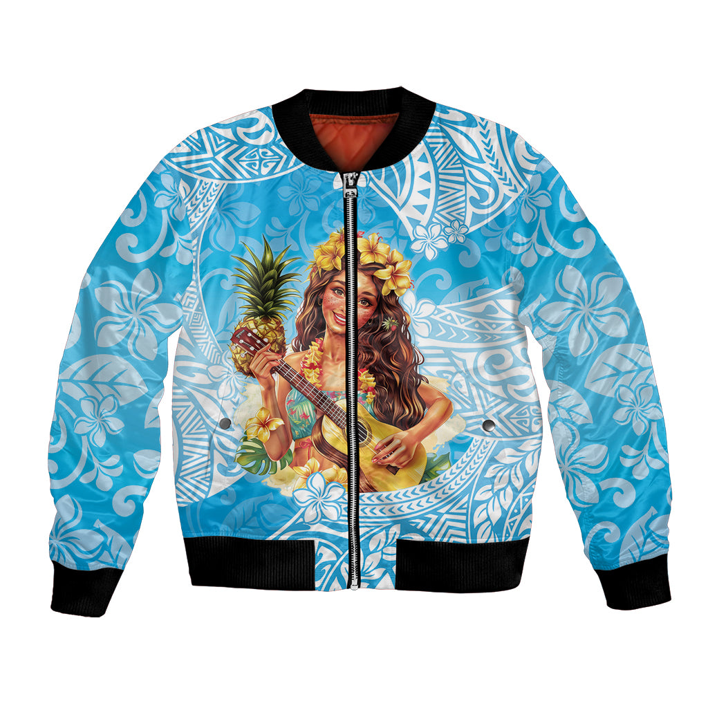 Aloha Hawaii Women's Day Bomber Jacket Hula Girl With Ukulele Tropical Style LT14 Unisex Blue - Polynesian Pride