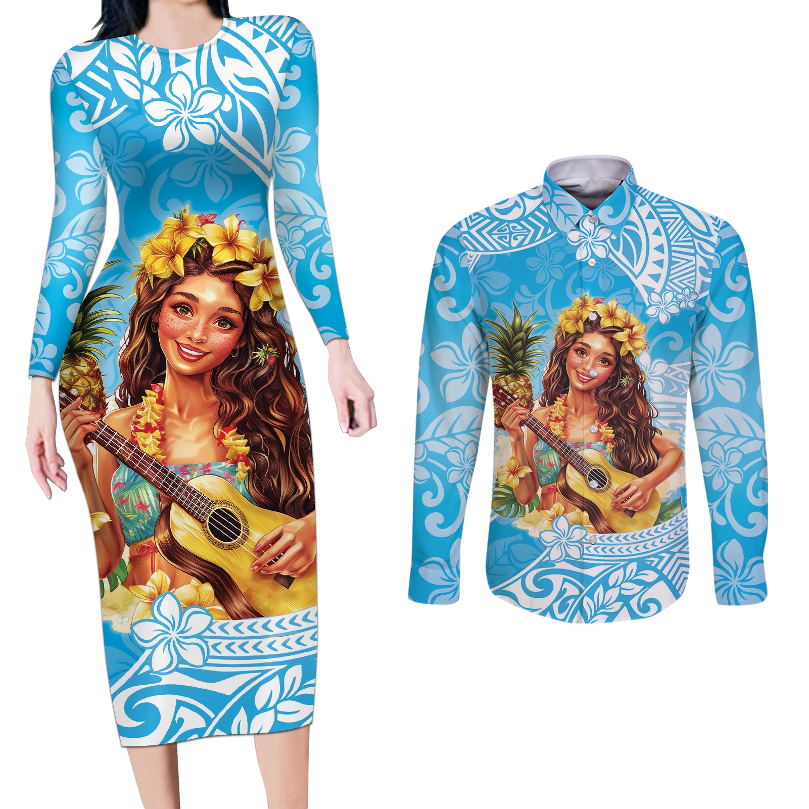 Aloha Hawaii Women's Day Couples Matching Long Sleeve Bodycon Dress and Long Sleeve Button Shirt Hula Girl With Ukulele Tropical Style LT14 Blue - Polynesian Pride