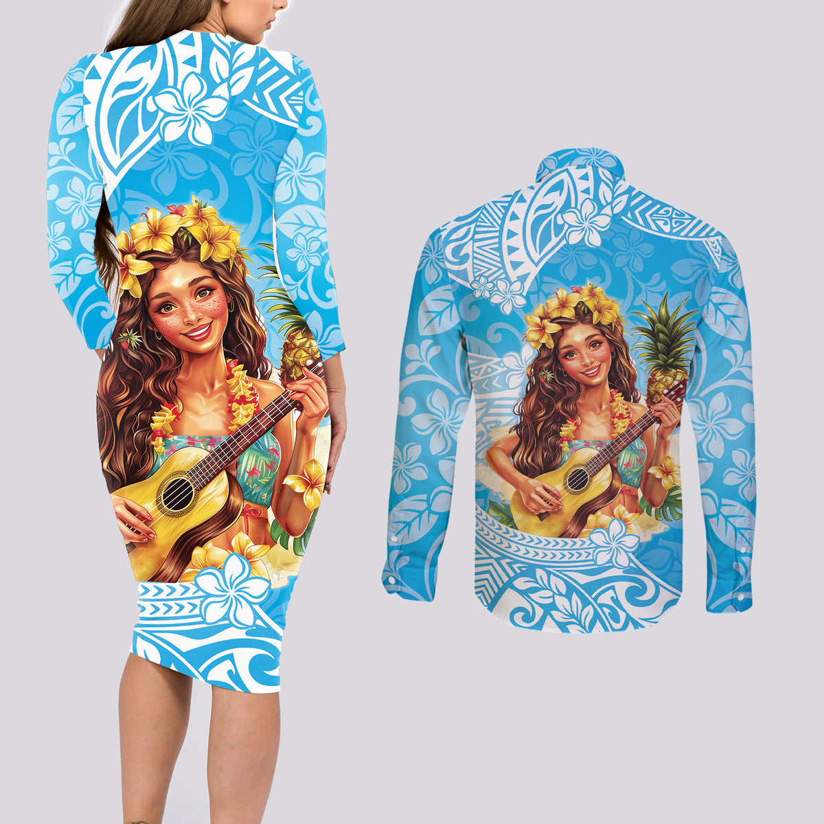 Aloha Hawaii Women's Day Couples Matching Long Sleeve Bodycon Dress and Long Sleeve Button Shirt Hula Girl With Ukulele Tropical Style LT14 - Polynesian Pride