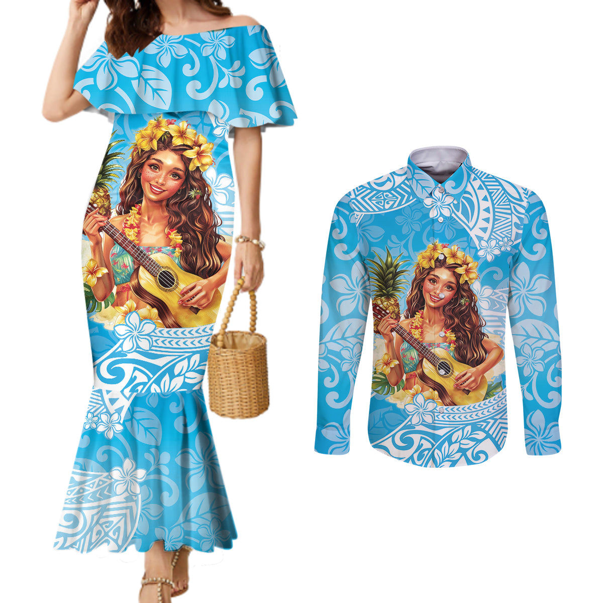Aloha Hawaii Women's Day Couples Matching Mermaid Dress and Long Sleeve Button Shirt Hula Girl With Ukulele Tropical Style LT14 Blue - Polynesian Pride