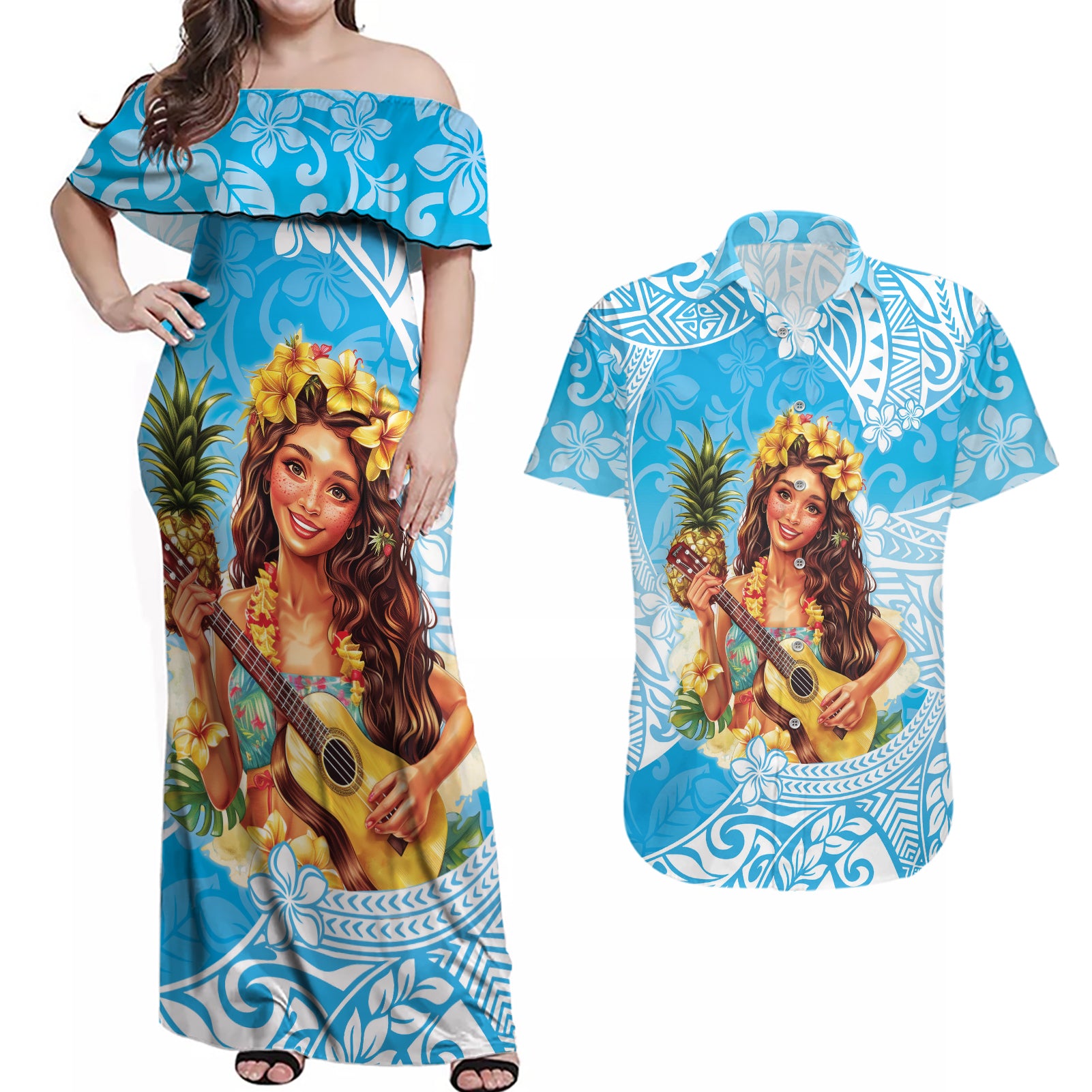 Aloha Hawaii Women's Day Couples Matching Off Shoulder Maxi Dress and Hawaiian Shirt Hula Girl With Ukulele Tropical Style LT14 Blue - Polynesian Pride