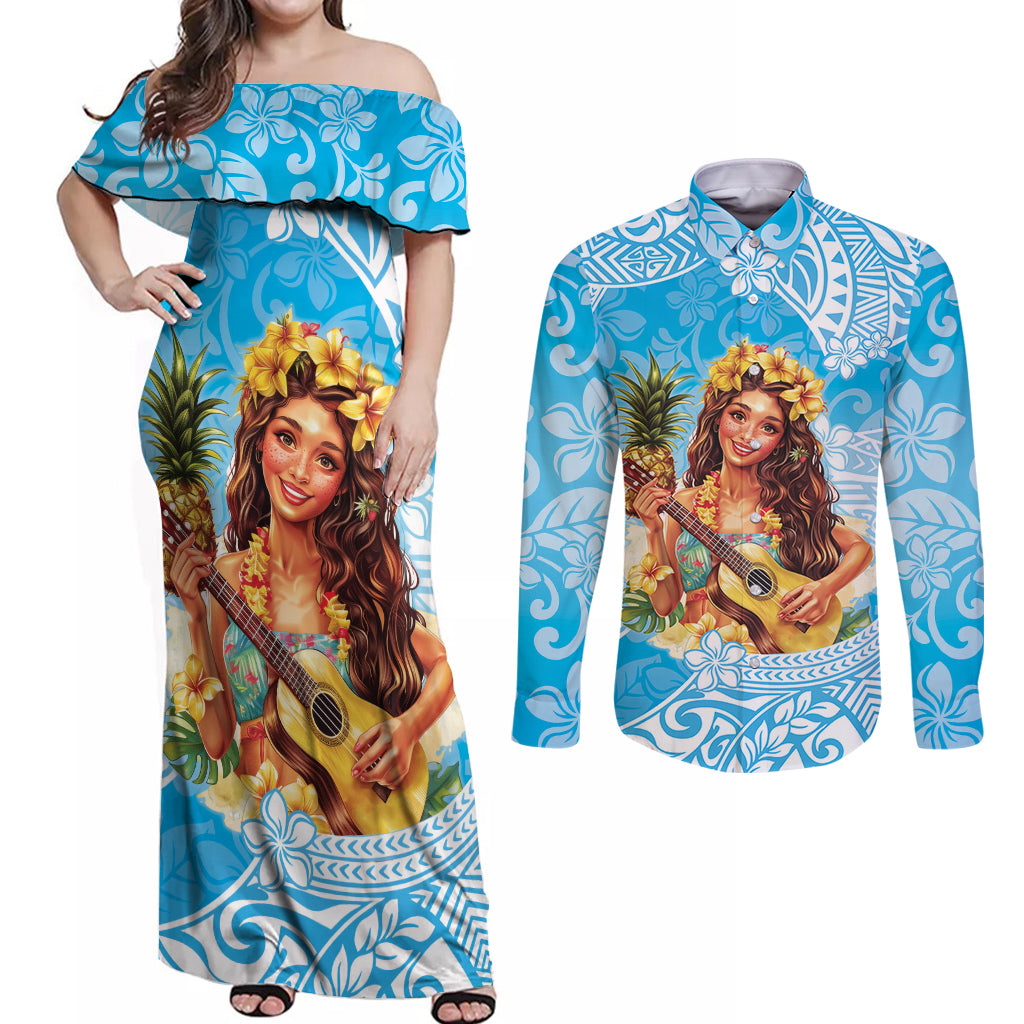 Aloha Hawaii Women's Day Couples Matching Off Shoulder Maxi Dress and Long Sleeve Button Shirt Hula Girl With Ukulele Tropical Style LT14 Blue - Polynesian Pride