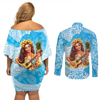 Aloha Hawaii Women's Day Couples Matching Off Shoulder Short Dress and Long Sleeve Button Shirt Hula Girl With Ukulele Tropical Style LT14 - Polynesian Pride