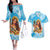 Aloha Hawaii Women's Day Couples Matching Off The Shoulder Long Sleeve Dress and Hawaiian Shirt Hula Girl With Ukulele Tropical Style LT14 Blue - Polynesian Pride