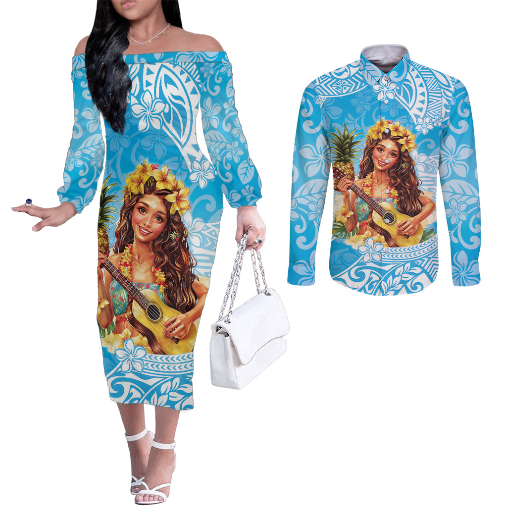 Aloha Hawaii Women's Day Couples Matching Off The Shoulder Long Sleeve Dress and Long Sleeve Button Shirt Hula Girl With Ukulele Tropical Style LT14 Blue - Polynesian Pride