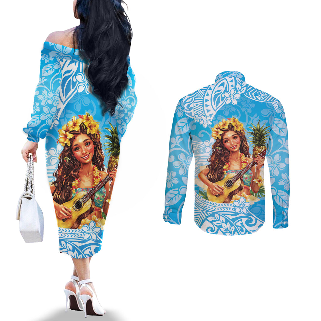 Aloha Hawaii Women's Day Couples Matching Off The Shoulder Long Sleeve Dress and Long Sleeve Button Shirt Hula Girl With Ukulele Tropical Style LT14 - Polynesian Pride