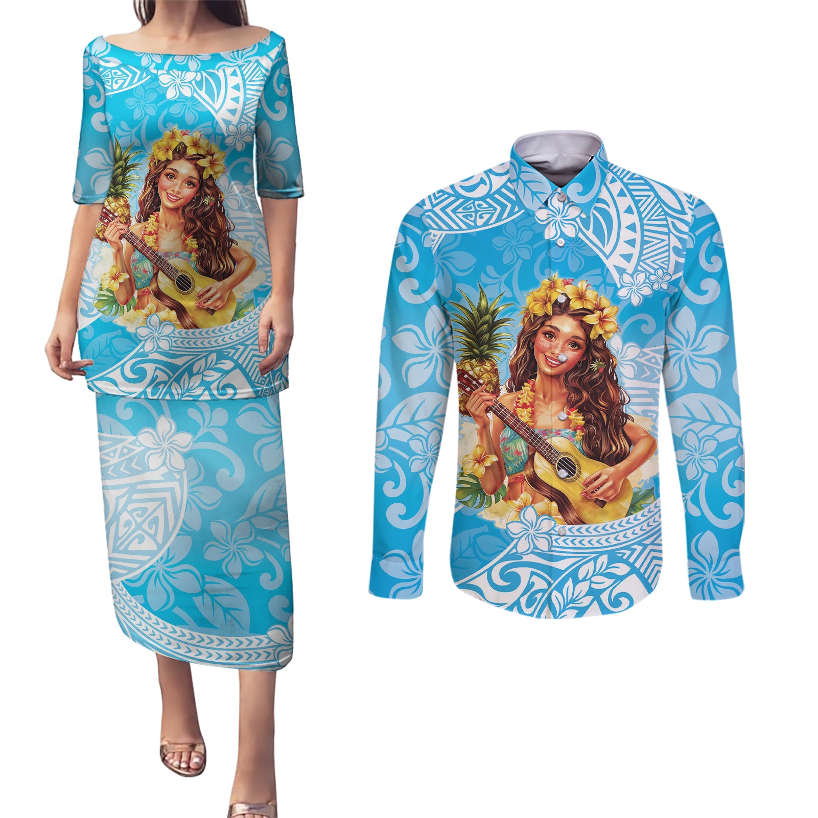 Aloha Hawaii Women's Day Couples Matching Puletasi and Long Sleeve Button Shirt Hula Girl With Ukulele Tropical Style LT14 Blue - Polynesian Pride