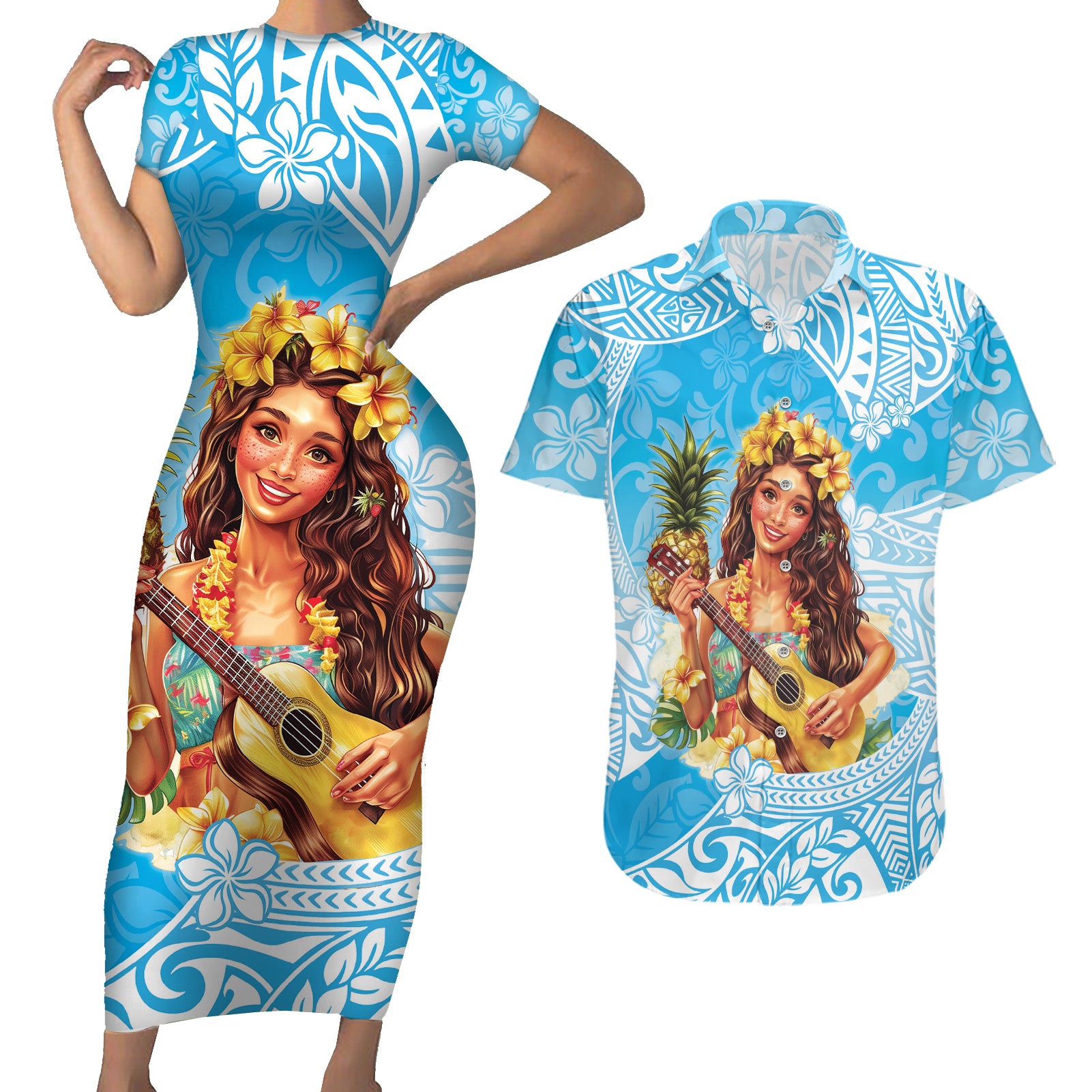 Aloha Hawaii Women's Day Couples Matching Short Sleeve Bodycon Dress and Hawaiian Shirt Hula Girl With Ukulele Tropical Style LT14 Blue - Polynesian Pride