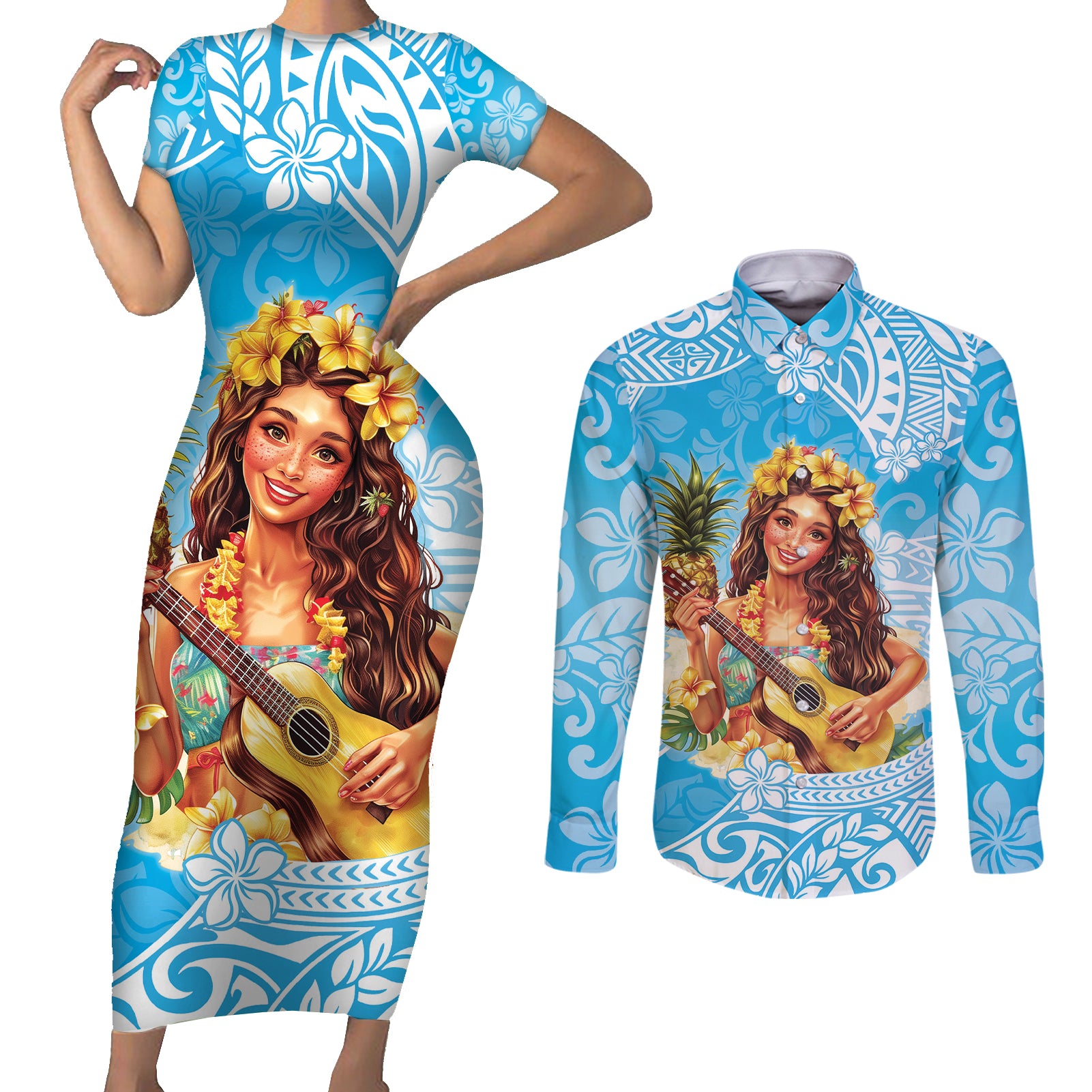 Aloha Hawaii Women's Day Couples Matching Short Sleeve Bodycon Dress and Long Sleeve Button Shirt Hula Girl With Ukulele Tropical Style LT14 Blue - Polynesian Pride