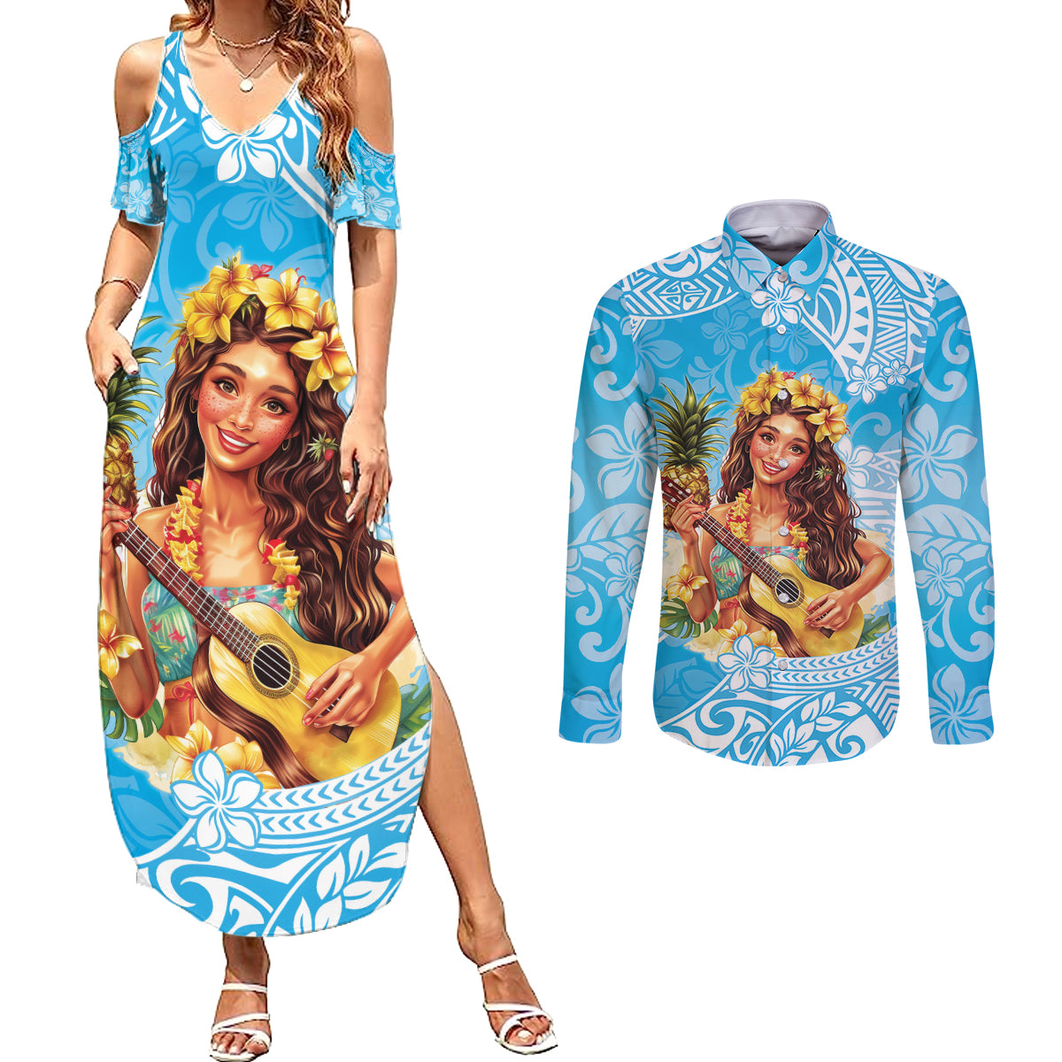 Aloha Hawaii Women's Day Couples Matching Summer Maxi Dress and Long Sleeve Button Shirt Hula Girl With Ukulele Tropical Style LT14 Blue - Polynesian Pride