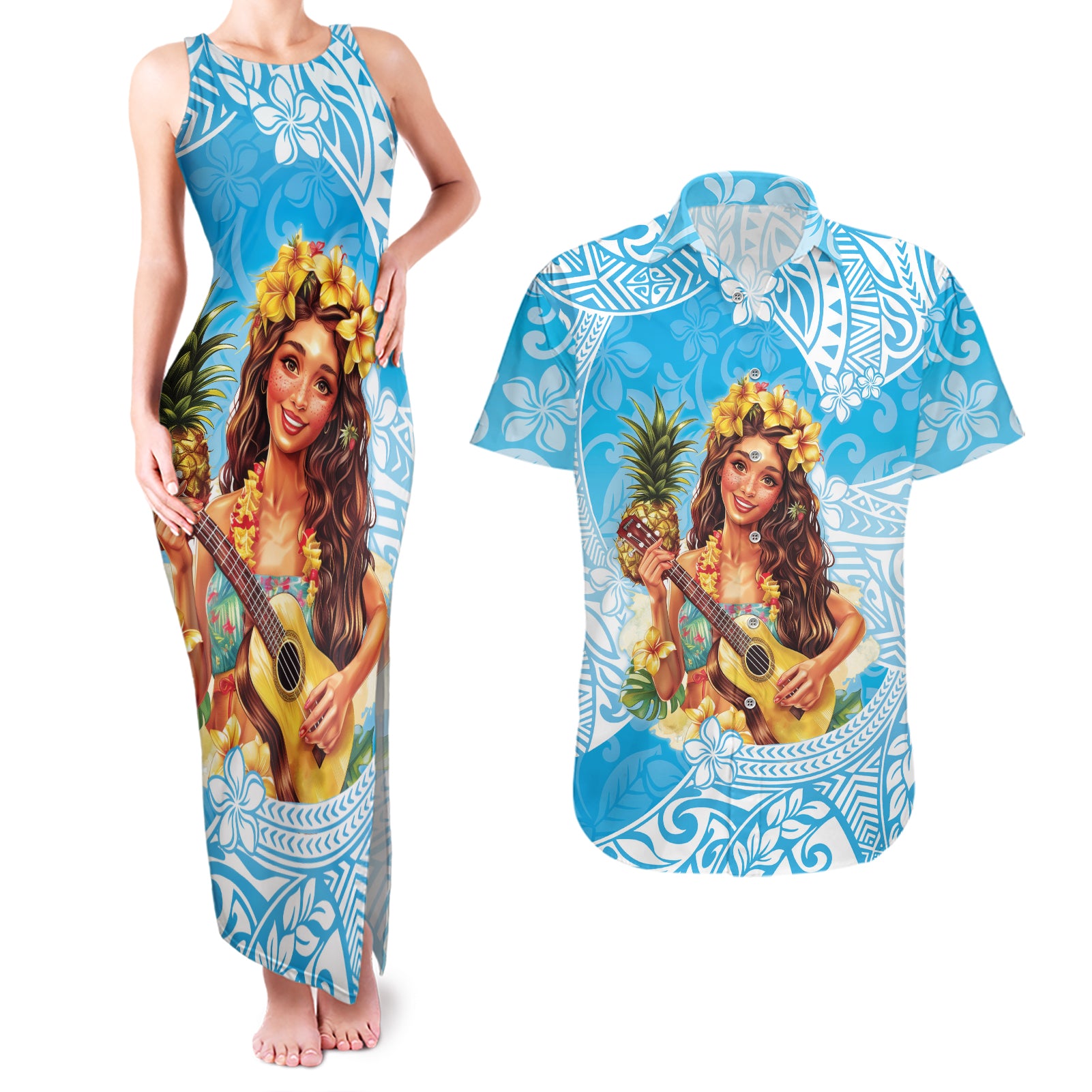 Aloha Hawaii Women's Day Couples Matching Tank Maxi Dress and Hawaiian Shirt Hula Girl With Ukulele Tropical Style LT14 Blue - Polynesian Pride