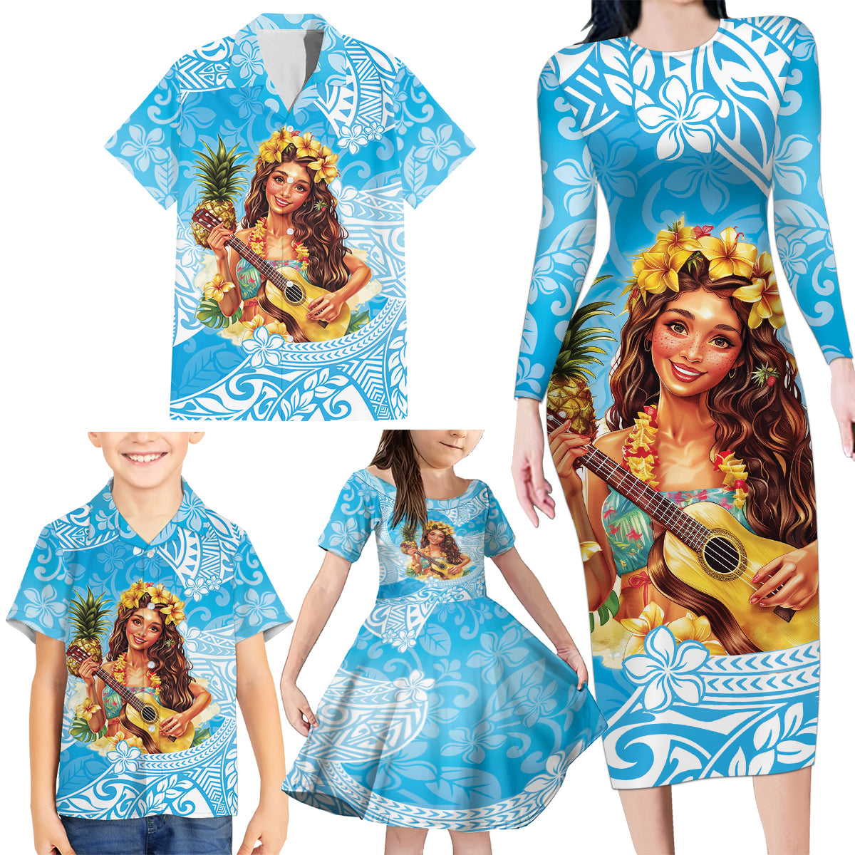 Aloha Hawaii Women's Day Family Matching Long Sleeve Bodycon Dress and Hawaiian Shirt Hula Girl With Ukulele Tropical Style LT14 - Polynesian Pride