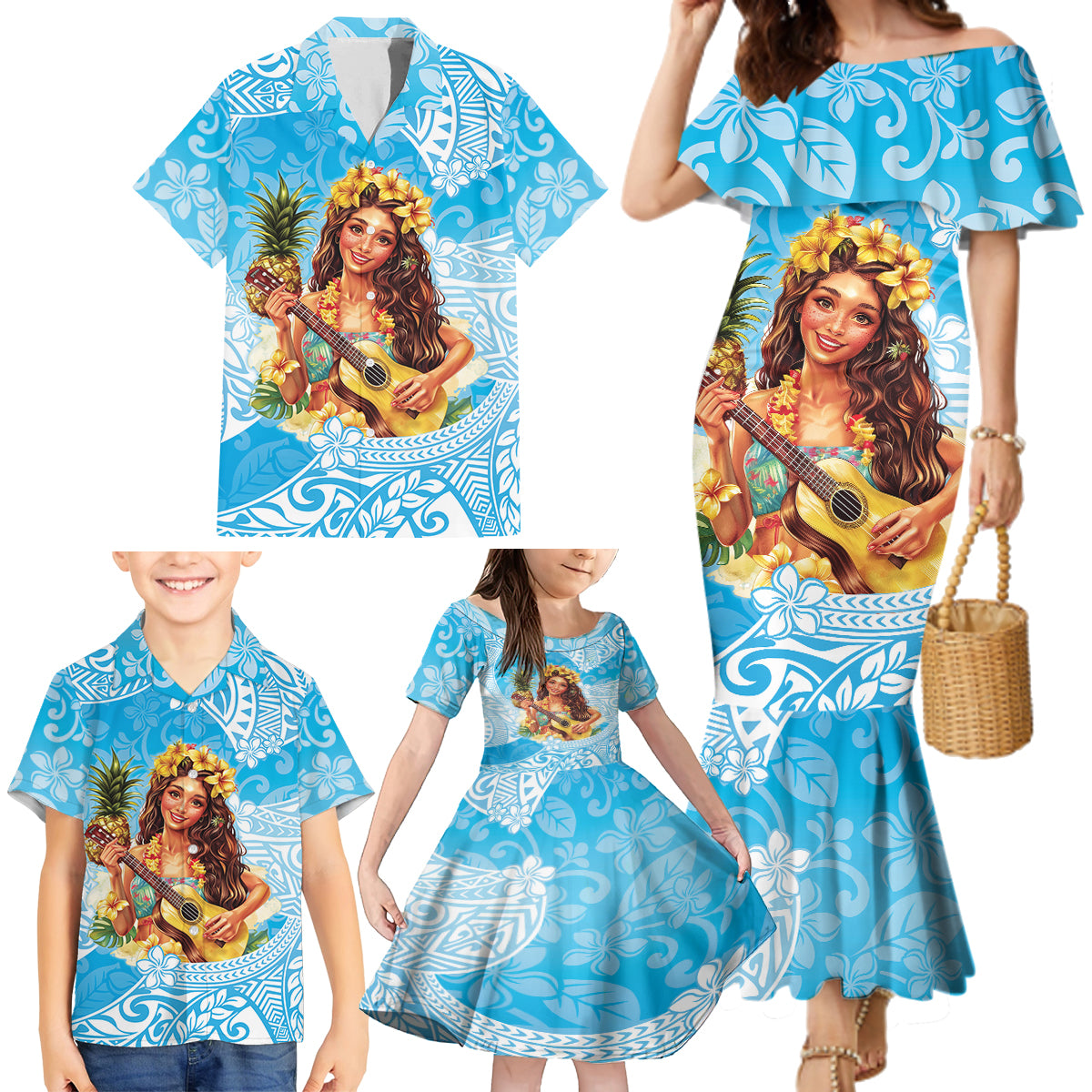 Aloha Hawaii Women's Day Family Matching Mermaid Dress and Hawaiian Shirt Hula Girl With Ukulele Tropical Style LT14 - Polynesian Pride