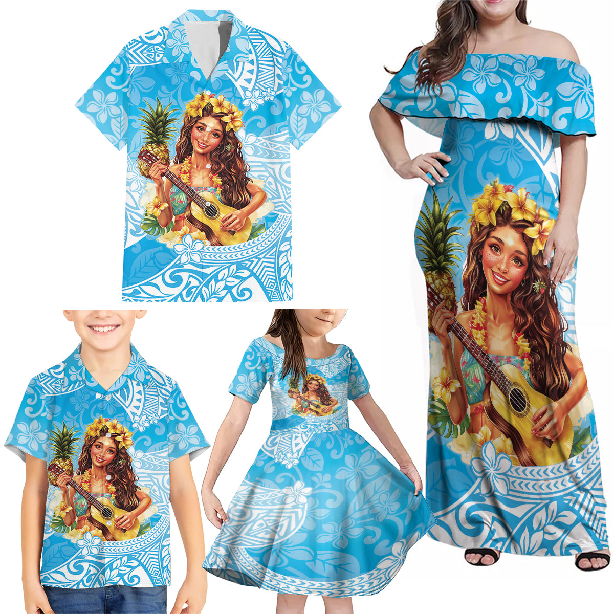 Aloha Hawaii Women's Day Family Matching Off Shoulder Maxi Dress and Hawaiian Shirt Hula Girl With Ukulele Tropical Style LT14 - Polynesian Pride