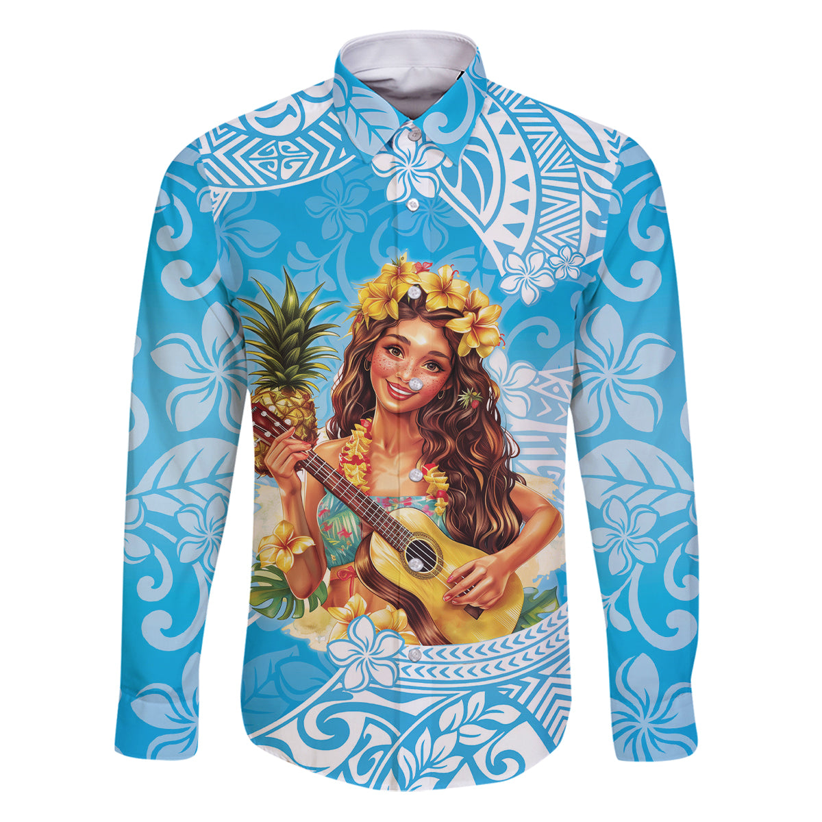 Aloha Hawaii Women's Day Family Matching Puletasi and Hawaiian Shirt Hula Girl With Ukulele Tropical Style LT14 Dad's Shirt - Long Sleeve Blue - Polynesian Pride