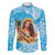 Aloha Hawaii Women's Day Family Matching Short Sleeve Bodycon Dress and Hawaiian Shirt Hula Girl With Ukulele Tropical Style LT14 Dad's Shirt - Long Sleeve Blue - Polynesian Pride