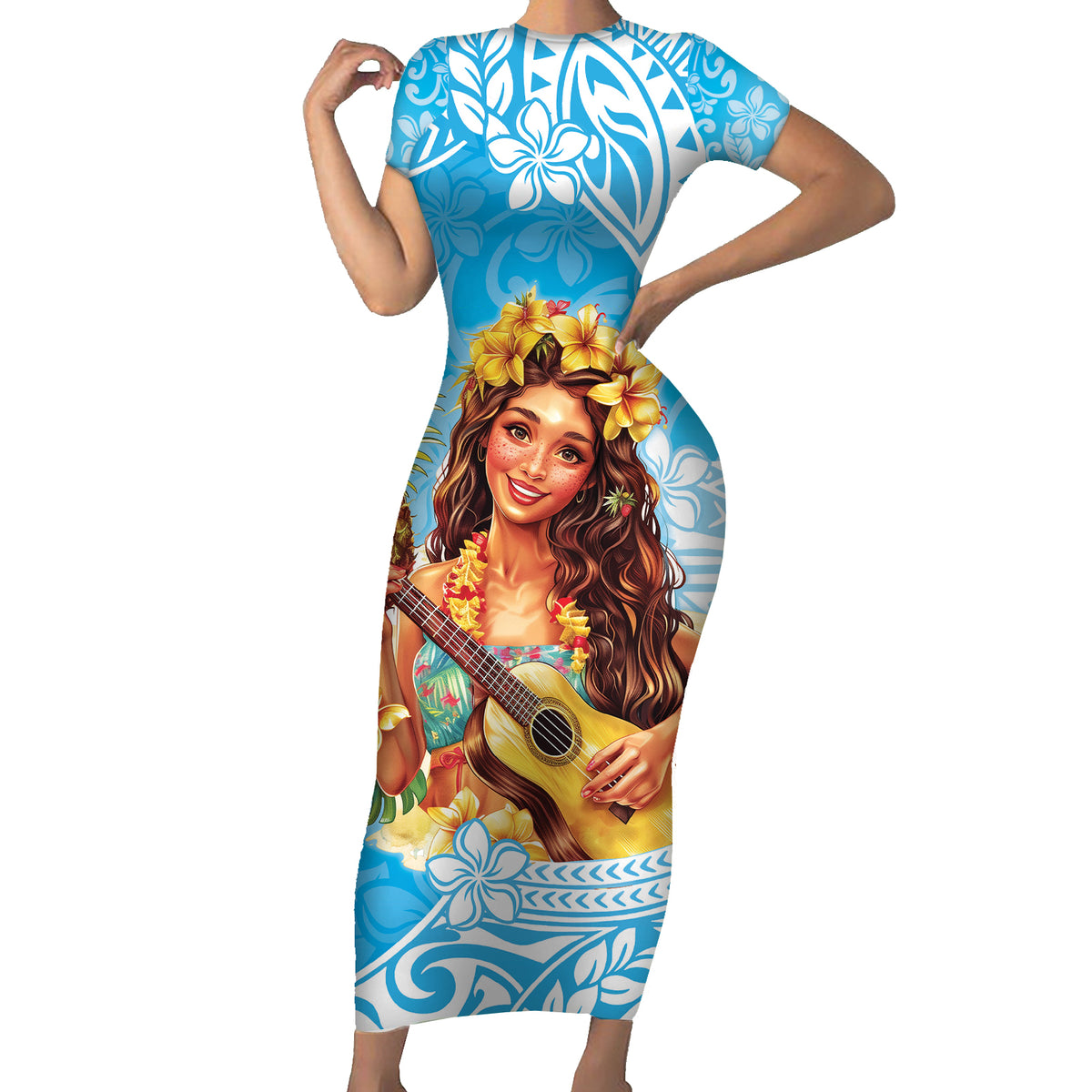 Aloha Hawaii Women's Day Family Matching Short Sleeve Bodycon Dress and Hawaiian Shirt Hula Girl With Ukulele Tropical Style LT14 Mom's Dress Blue - Polynesian Pride