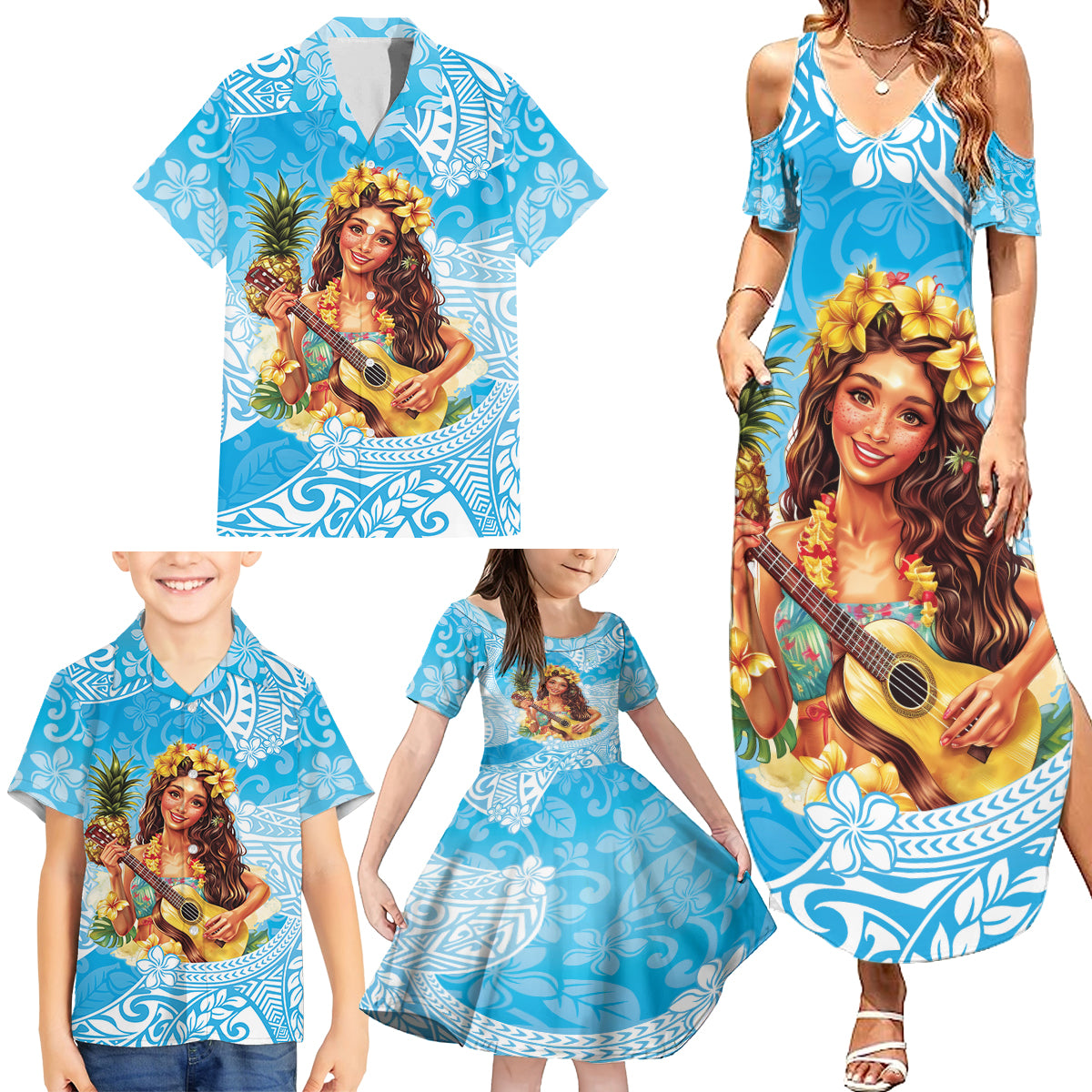Aloha Hawaii Women's Day Family Matching Summer Maxi Dress and Hawaiian Shirt Hula Girl With Ukulele Tropical Style LT14 - Polynesian Pride